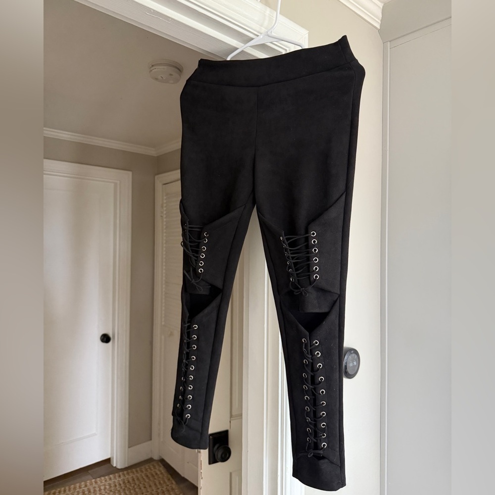 Black Suede-Like Lace-Up Pants, Pirate / Gothic Cosplay Halloween Costume, Small